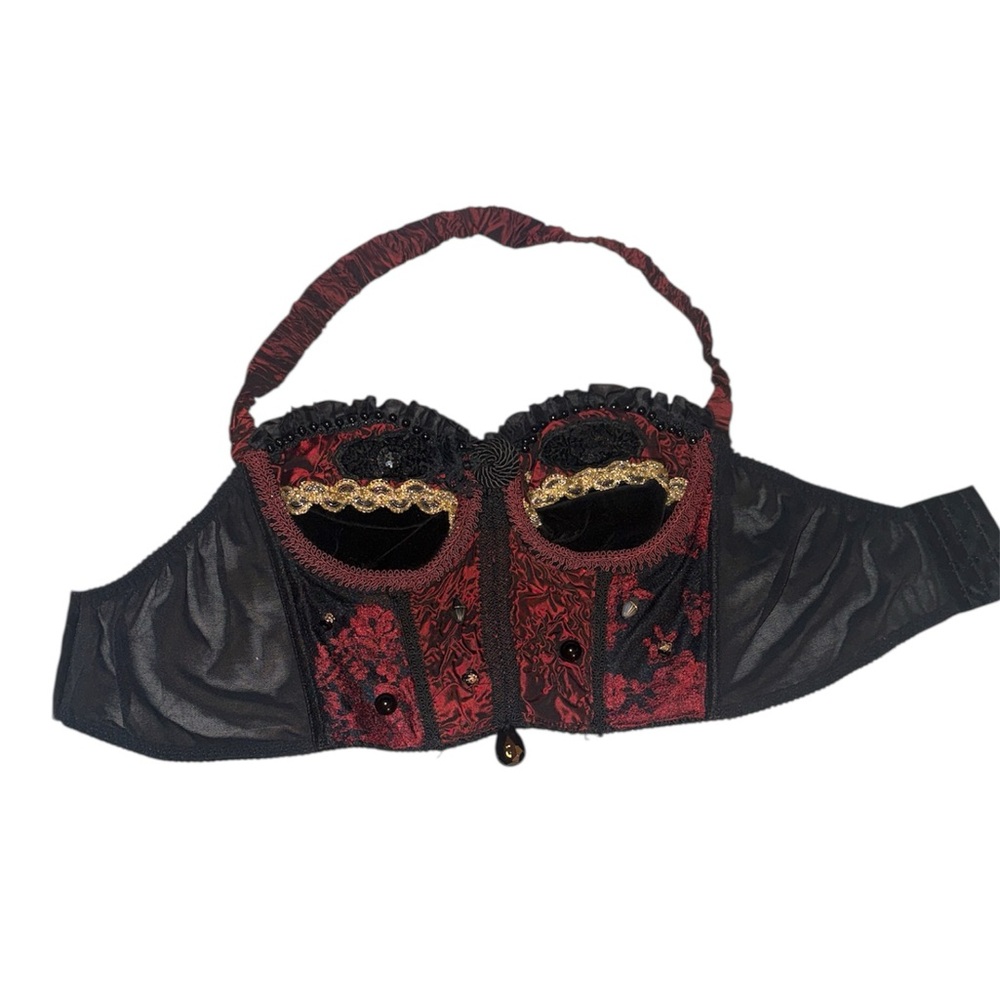 Burlesque Red and Black Push up Bra Bustier Top with Floral Lace & Velvet Trim